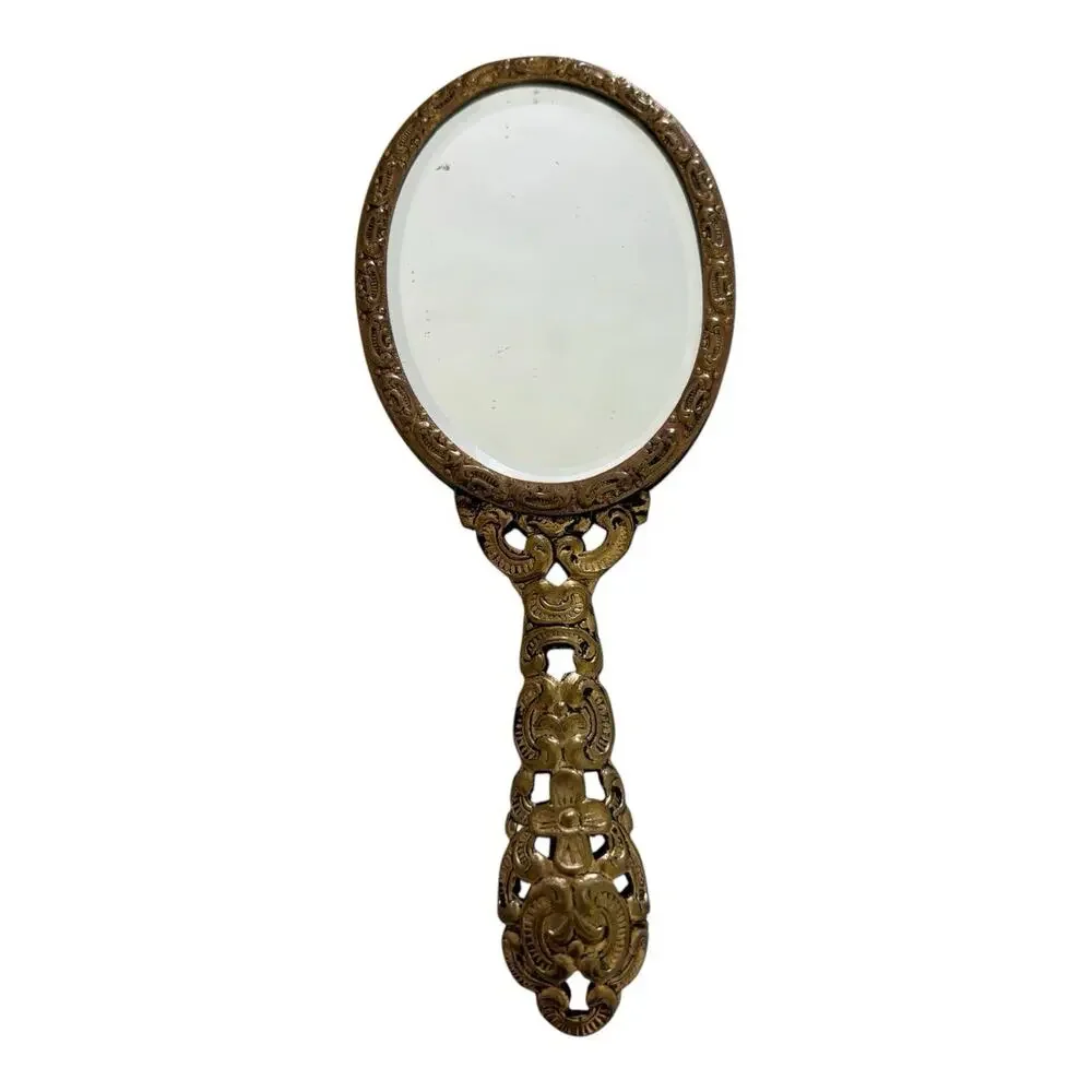 Small Floral Needlepoint Embroidery Brass Filigree Hand Mirror Oval Vintage 5”